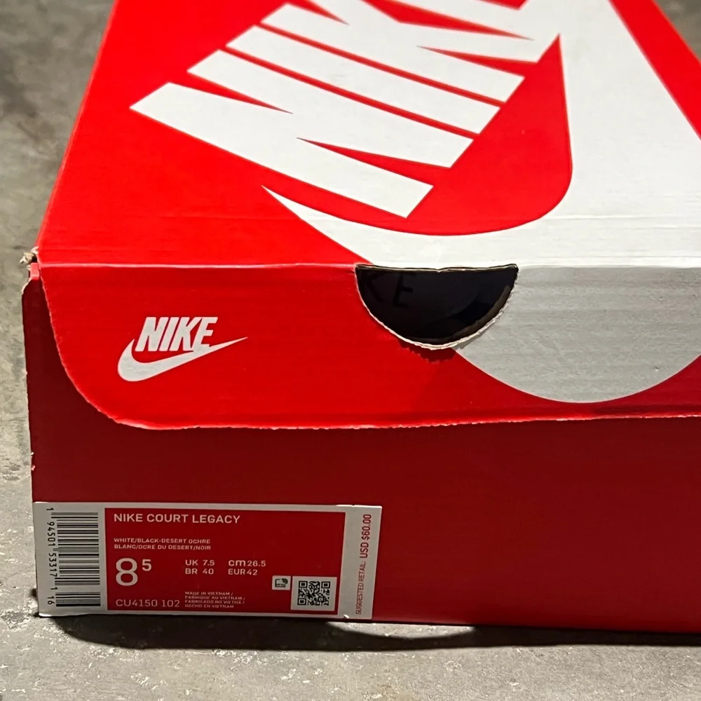 Nike Court Legacy White Low-Top Sneakers with Black Swoosh and Tan Stripe - Picture 3 of 3